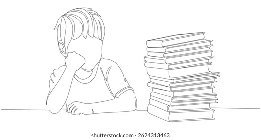 Bored Student Staring at Stack of Books – One Line Drawing Illustration