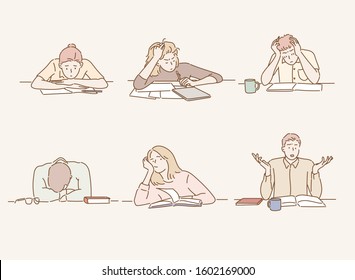 Bored students sitting at a table. Hand drawn style vector design illustrations.