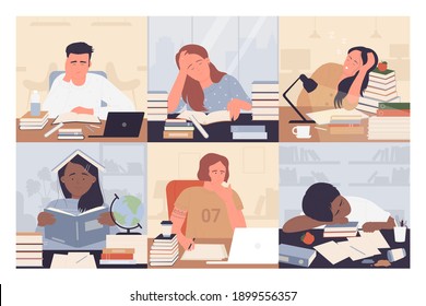 Bored students study vector illustration set. Cartoon young exhausted woman man student characters sitting on desk with books while studying boring and doing homework, frustrated people working