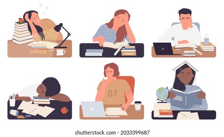 Bored students study vector illustration set isolated. Cartoon young exhausted woman man student characters sitting on desk with books while studying boring doing homework, frustrated people working