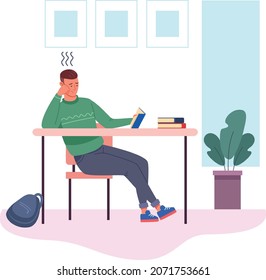 Bored studying. Lazy student with textbook at long lecture, vector illustration isolated on white background