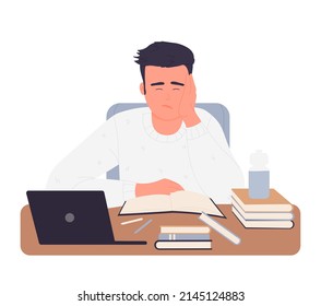 Bored studying male teenager. Tired pupil reading a book at desk isolated illustration