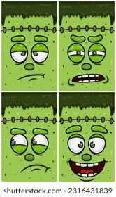 Bored, Suspecious, Jealous And Happy Expression of Frankenstein Face Character Cartoon. Wallpaper, Cover, Label and Packaging Design Set. Vector Illustration