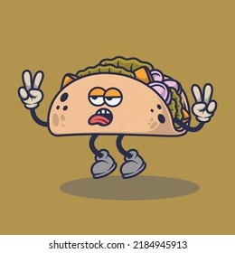 Bored Tacos with peace stuck out tongue expression sticker. Cartoon sticker in comic style with contour. Decoration for greeting cards, posters, patches, prints for clothes, emblems.