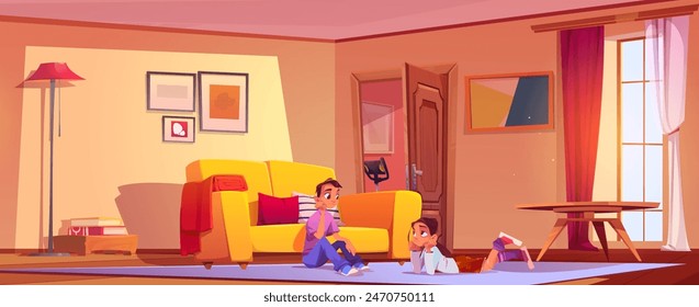 Bored teen kids in living room. Cartoon vector livingroom interior with sofa and lamp, pictures on wall and window with curtains. Uninterested unhappy teenage boy and girl on home floor carpet.