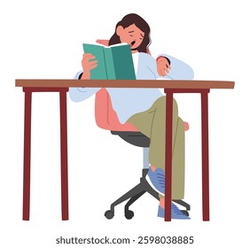 Bored teenage student girl cartoon character reading book looking at wristwatch waiting for lesson finish vector illustration. Uninterested female pupil feeling boredom and laziness doing homework