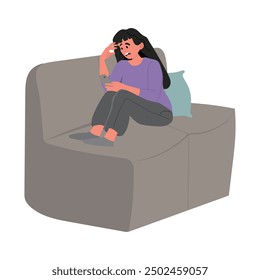 bored teenager tries to entertain herself on her cell phone, sad teenager. vector illustration.