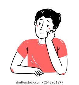 Um jovem entediado, pensativo e chateado senta-se com a mão contra a bochecha em um estilo simples de rabiscar linear. Ilustração isolada de vetor