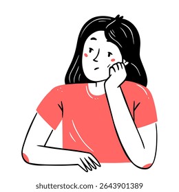 Uma jovem entediada, pensativa e chateada se senta com a mão contra a bochecha em um estilo simples de rabiscar linear. Ilustração isolada de vetor.