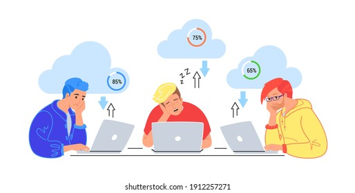 Bored three teenagers sitting with laptops and sleeping. Flat vector illustration of tired students wasting time for cloud computing, data loading or slow buferization. Young men sleeping at work desk