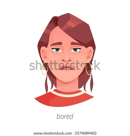 Bored or tired facial expression of woman. Vector isolated flat cartoon character, female personage with upset or frustrated face. Exhausted or not interested lady, indifferent not showing interest