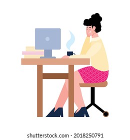 Bored or tired female employee at office desk with cup coffee. Lazy young woman working with computer on workplace. Flat cartoon isolated vector illustration