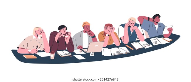 Estudiantes perezosos aburridos y cansados sentados a la mesa, bostezando. Grupo somnoliento y desmotivado en el aburrimiento, jóvenes estudiando, audiencia en la conferencia. Ilustración vectorial plana aislada sobre fondo blanco