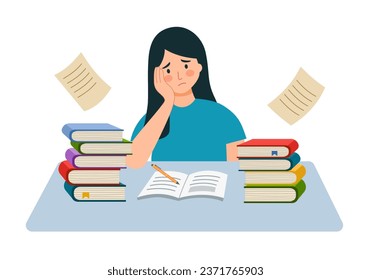 Estudiante cansado aburrido haciendo deberes. Triste colegiala sintiendo aburrimiento. Un adolescente infeliz de fatiga con libros sobre la mesa.