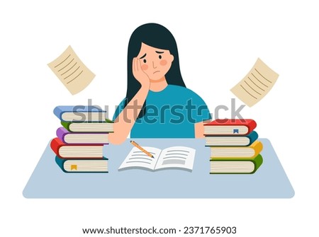Bored tired student doing homework. Sad high school girl feeling boredom. Unhappy fatigue teen pupil with books on table.