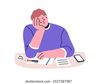 Estudiante aburrido y cansado sentado en el escritorio. Hombre perezoso desmotivado con agotamiento, agotamiento, emoción de desinterés. Concepto de apatía y postergación. Ilustración vectorial plana aislada sobre fondo blanco