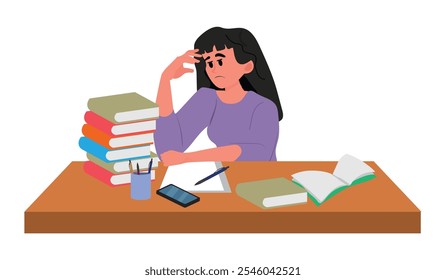 Bored tired student sitting at desk. Sad depressed high school girl feeling boredom. Unhappy fatigue teen pupil with books and phone on table. Flat vector illustration isolated on white background.