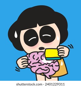 Bored And Tired Young Lady Cleaning Her Brain Of Toxins Concept Card Character illustration