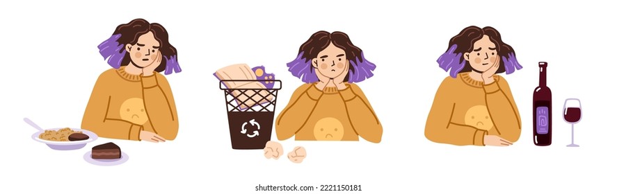 Bored unhappy young woman. Alcoholism and depression. Lack of appetite, loss of interest in life and hobby. Hand drawn female character vector illustration. 