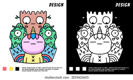 bored unicorn and funny monsters doodle art. illustration for t shirt, poster, logo, sticker, or apparel merchandise.