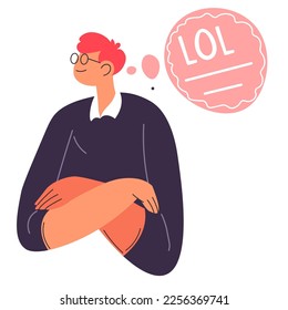 Bored or upset teenager, isolated male character with dull expression on face. Teenage boy with lol sticker in conversation bulb. Communication and emotions of personage. Vector in flat style