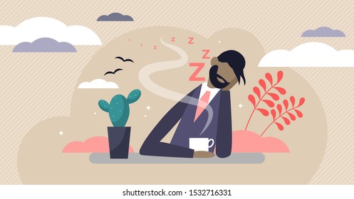 Bored vector illustration. Flat tiny without work and lazy persons concept. Job attitude problem with exhausted and tired labor. Sleepy mood employee with neutral face expression and facial emotions.