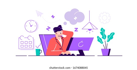 Bored vector illustration. Flat tiny without work and lazy persons concept. Job attitude problem with exhausted and tired labor. Sleepy mood employee with neutral face expression and facial emotions.