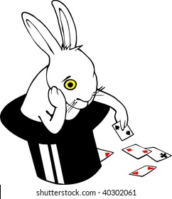 Bored white rabbit playing cards in magician hat. Hand drawn Vector image on China/Indian Ink Style (Nankeen)
