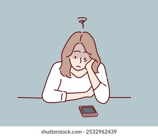 Eine gelangweilte Frau, die auf ihr Smartphone schaut. Handgezeichnete Vektordesign-Illustrationen.