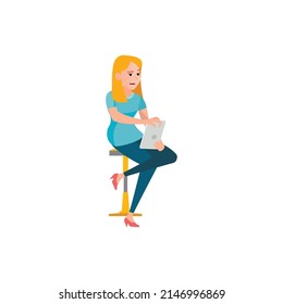 Bored Woman Make Report On Tablet Gadget Cartoon Vector. Bored Woman Make Report On Tablet Gadget Character. Isolated Flat Cartoon Illustration