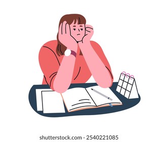 Bored woman sitting at desk. Tired sad office worker. Procrastination, burnout and boredom concept. Depressed upset exhausted lazy student. Flat vector illustration isolated on white background