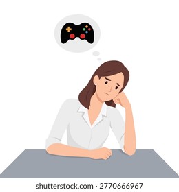 Bored Woman Thinking About Playing Video Games While Sitting at Desk. Flat vector illustration isolated on white background