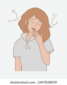 Bored woman yawning. Sleepy girl covering mouth by hand with eyes closed.  Hand drawn flat cartoon character vector illustration.