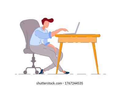 Bored worker. Isolated bored lazy business man worker cartoon character working and typing lazily on laptop computer at office desk. Vector laziness, boredom and boring work concept