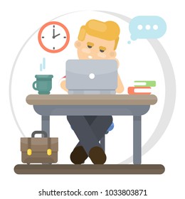 Bored working man sitting at office with computer.