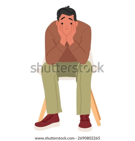Bored young man cartoon character sitting on chair waiting for his turn putting head on palms froze in anticipation isolated on white background. People subtle emotions in queue vector illustration