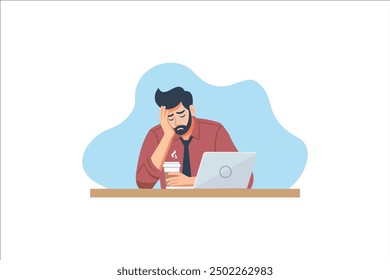 Bored young man at the desk with tired expressions. vector illustrations.
