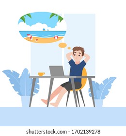 Bored Young man at home want to travel. Working from home, Stay home stay safe. Social Distancing, People keeping distance for decrease infection risk and disease for prevent Corona virus.