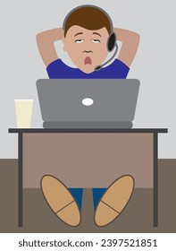 A bored young telemarketer is having trouble staying awake while making his sales pitch