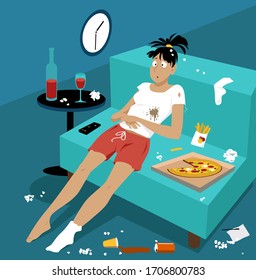 Bored Young Woman Sitting Idly Alone In A Messy Room, Eating Junk Food And Drinking Wine, EPS 8 Vector Illustration