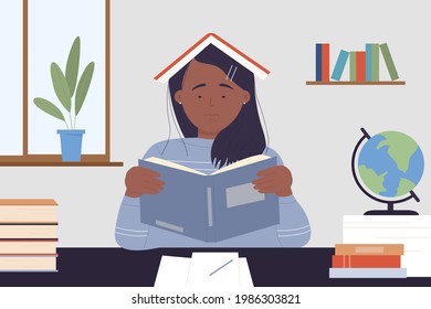 Bored young woman student and books, hard education work vector illustration. Cartoon sad sleepy unhappy teenage character studying, sitting with open textbook at school classroom, library or home