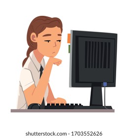 Bored Young Woman Working with Computer, Lazy Female Employee Procrastinating at Workplace, Unproductive Office Worker Character Vector Illustration