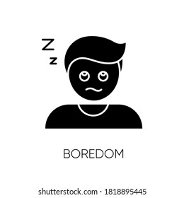 Boredom black glyph icon. Exhaustion, weariness, burnout silhouette symbol on white space. Feeling of tedium, sleep problem, insomnia. Disinterested, bored, sleepy person vector isolated illustration