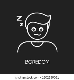 Boredom chalk white icon on black background. Exhaustion, weariness, burnout. Feeling of tedium, sleep problem, insomnia. Disinterested, bored, sleepy person isolated vector chalkboard illustration