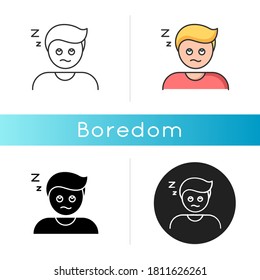 Boredom icon. Exhaustion, weariness, burnout. Linear black and RGB color styles. Feeling of tedium, sleep problem, insomnia. Disinterested, bored, sleepy person isolated vector illustrations