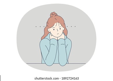 Boredom, laziness, negative emotions concept. Young frustrated stressed sad girl cartoon character sitting thinking and feeling unhappy with thoughts on mind vector illustration