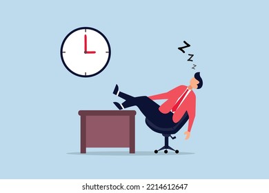 boredom and sleepy work concept, businessman sleeping lay down on office chair and alarm clock covered his face with book.