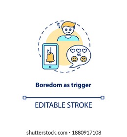 Boredom as trigger concept icon. Social media addiction idea thin line illustration. Intensive internet use. Browsing social media. Vector isolated outline RGB color drawing. Editable stroke