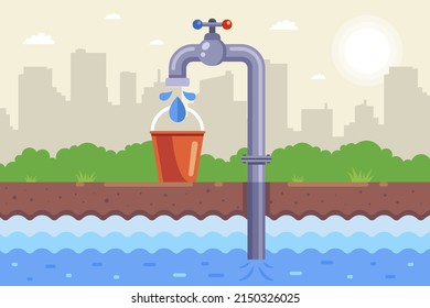 borehole pump pumps water into a bucket. collect drinking water. flat vector illustration.