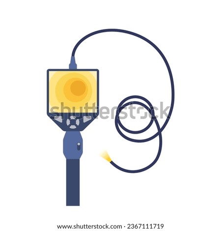 Borescope tool. The videoscope consists of an inspection video camera on a flexible tube with LED lighting and a display. Take a video or still image inside a pipe, engine or equipment, flat vector